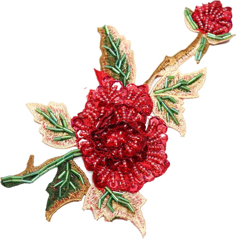 JRYYR Red Rose Applique, Sequin Flower Patches for Dresses and Other Garments Decorative Rose Applique (Red) - Image 1